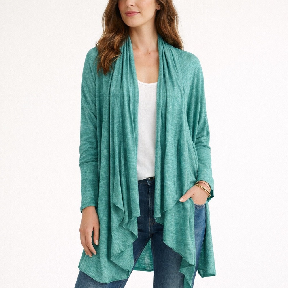 Gilda Midani Cardigan Women Medium Teal Cotton Slub Duster Lagenlook Open Front